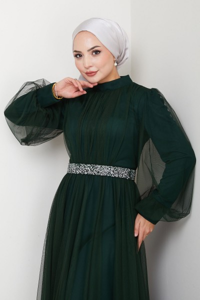 Taş Detaylı Büyük Beden Tesettür Abiye Alya - Zümrüt